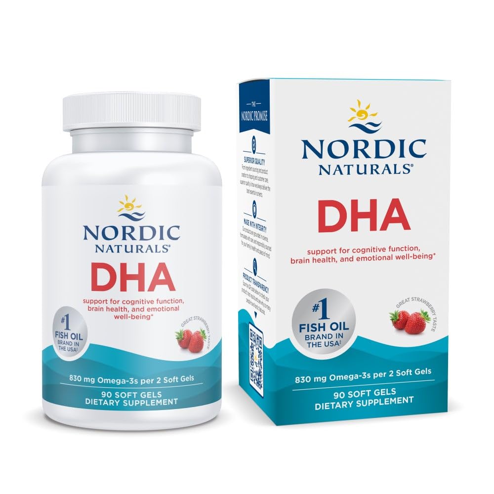 Nordic Naturals frasco frontal mostrando 90 cápsulas y beneficios visibles