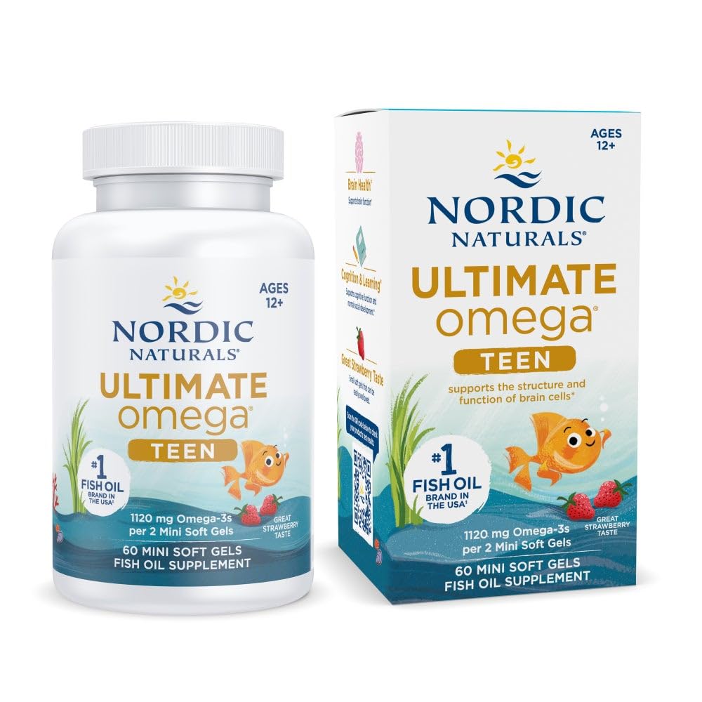 Nordic Naturals envase frontal Ultimate Omega 2X Teen mostrando beneficios escolares