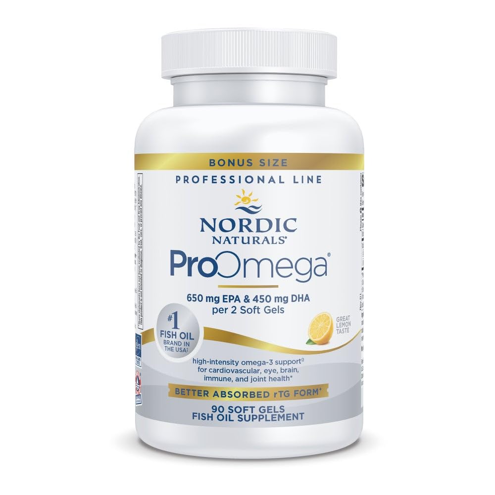 Nordic Naturals frasco frontal mostrando 90 cápsulas y beneficio de pureza