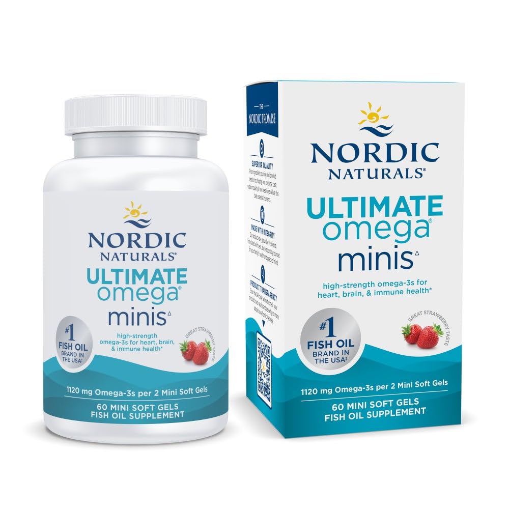 Nordic Naturals frasco delantero mostrando etiqueta clara y beneficios