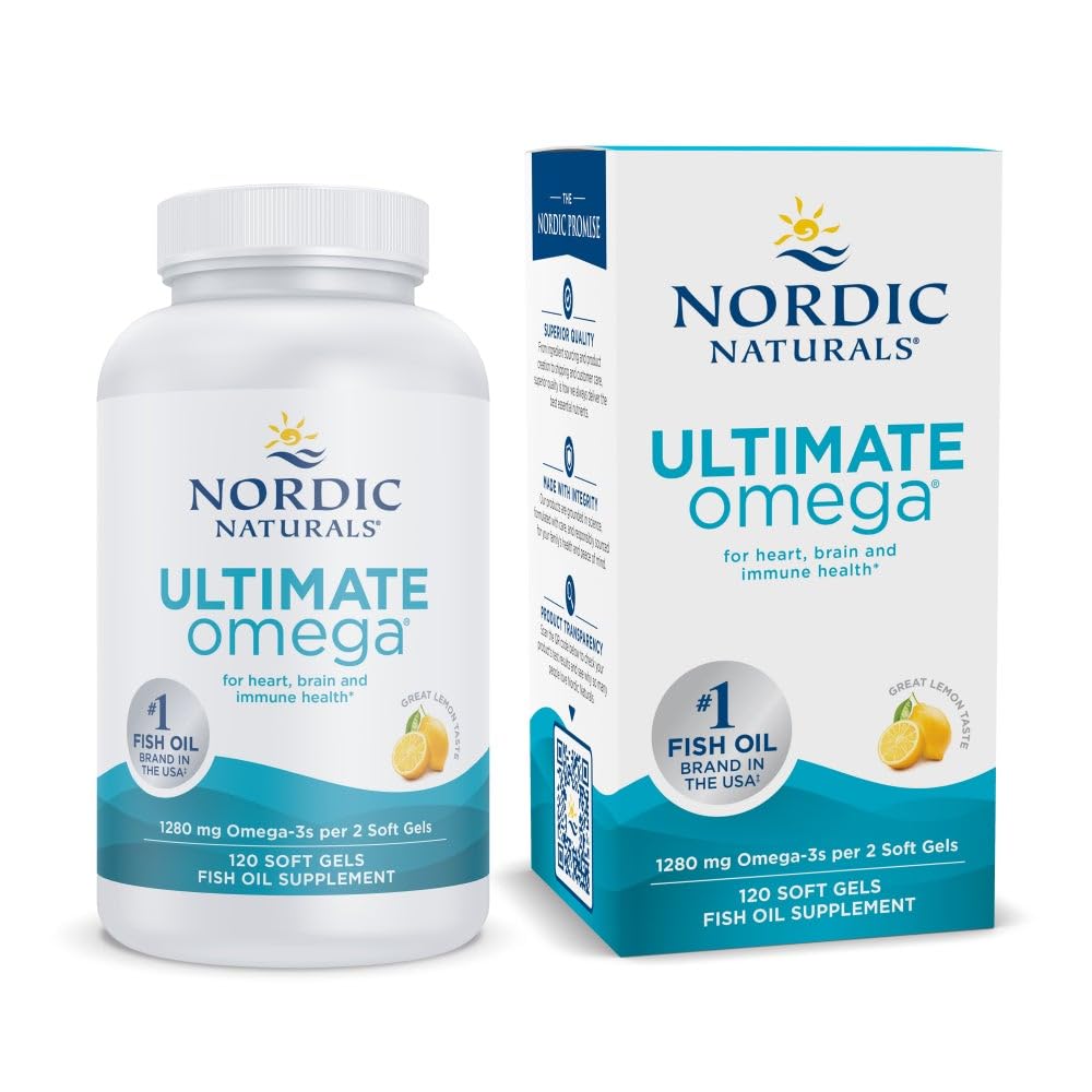 Nordic Naturals frasco delantero mostrando 120 cápsulas y beneficio de concentración alta