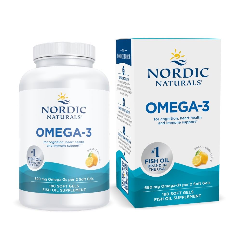 Nordic Naturals frente del envase mostrando 180 cápsulas y beneficios