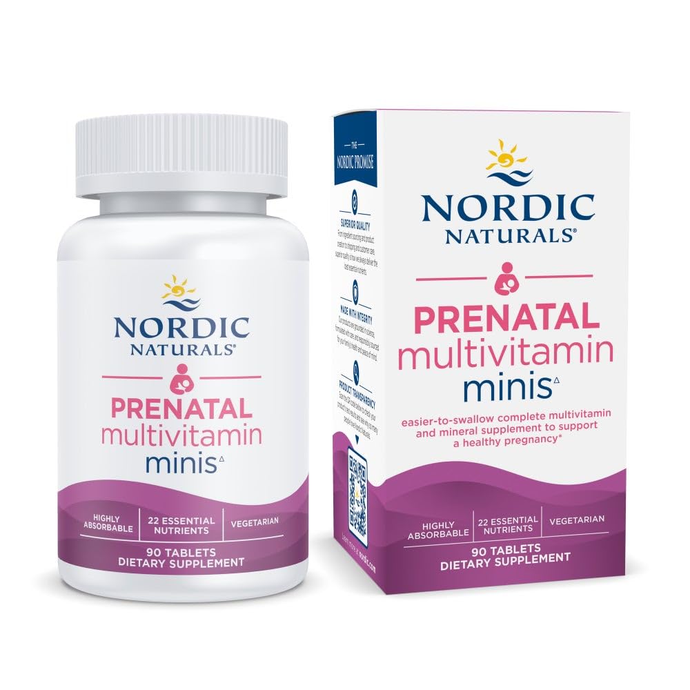 Nordic Naturals empaque frontal prenatal minis muestra tamaño y beneficios