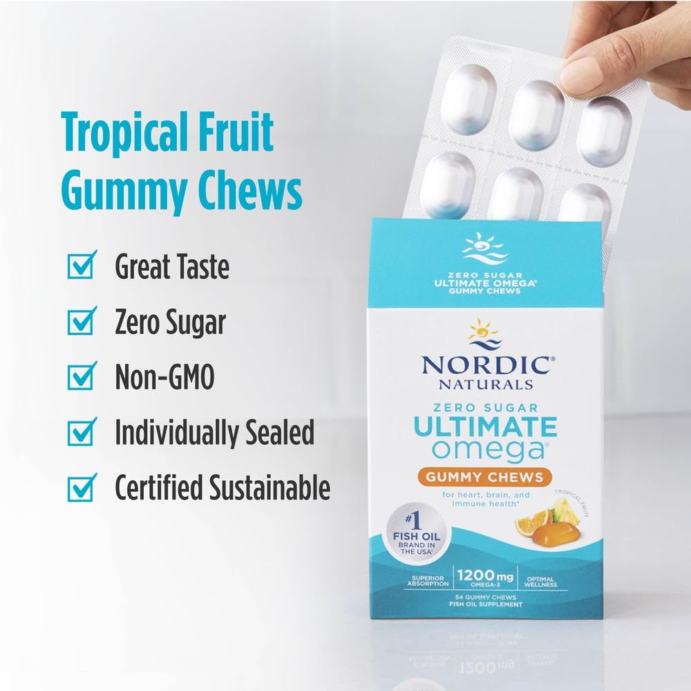 Nordic Naturals gominolas sobre plato con frutas tropicales evocando sabor