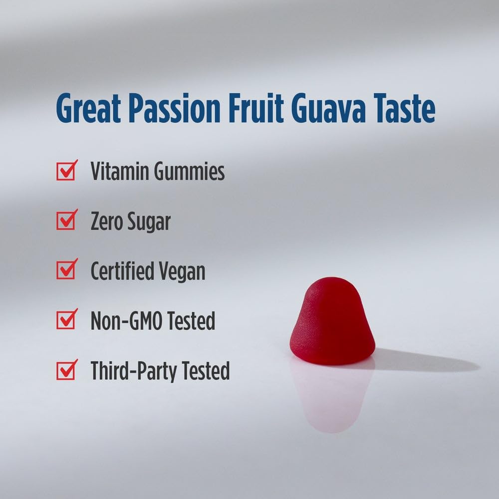 Nordic Naturals varias gomitas abiertas junto a maracuyá y guayaba como indicativo de sabor