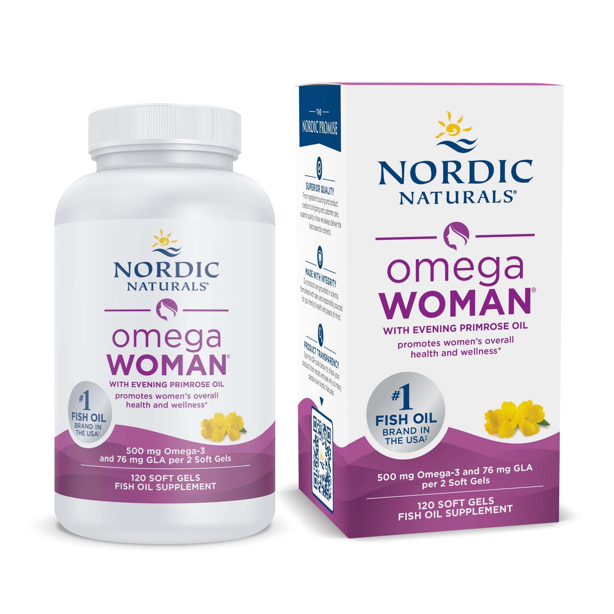 Nordic Naturals frasco frontal mostrando 120 cápsulas y beneficio bienestar