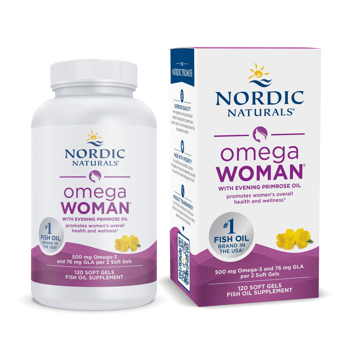Nordic Naturals frasco frontal mostrando 120 cápsulas y beneficio bienestar