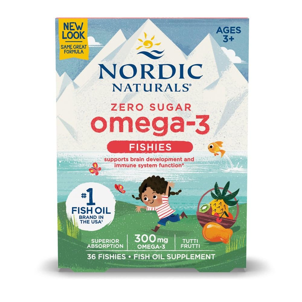 Nordic Naturals frontal del envase mostrando 36 Fishies y beneficios claros