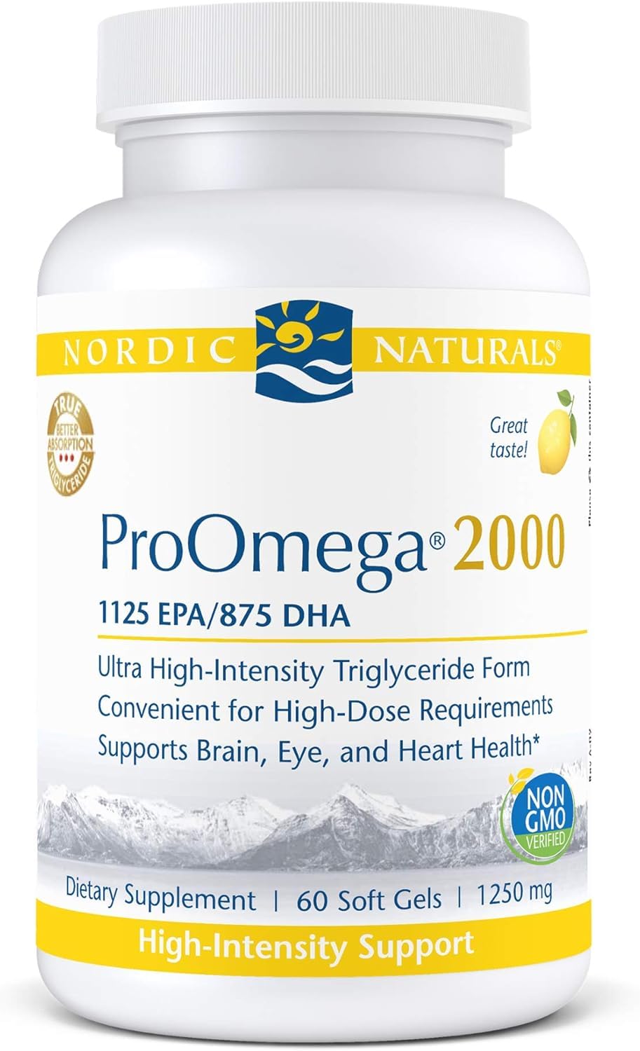 Nordic Naturals envase frontal mostrando cápsulas y etiqueta clara, beneficios visibles