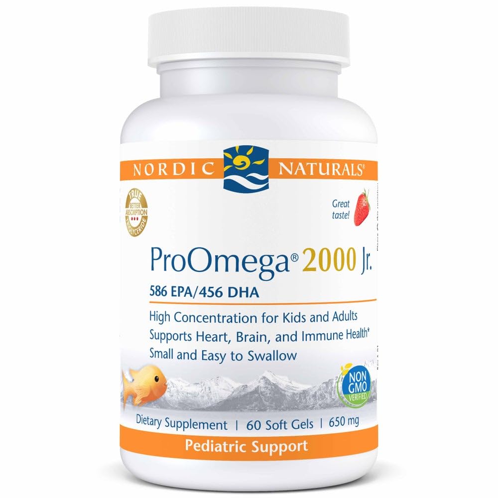 Nordic Naturals frasco frontal que muestra nombre y sabor fresa, conveniencia visual