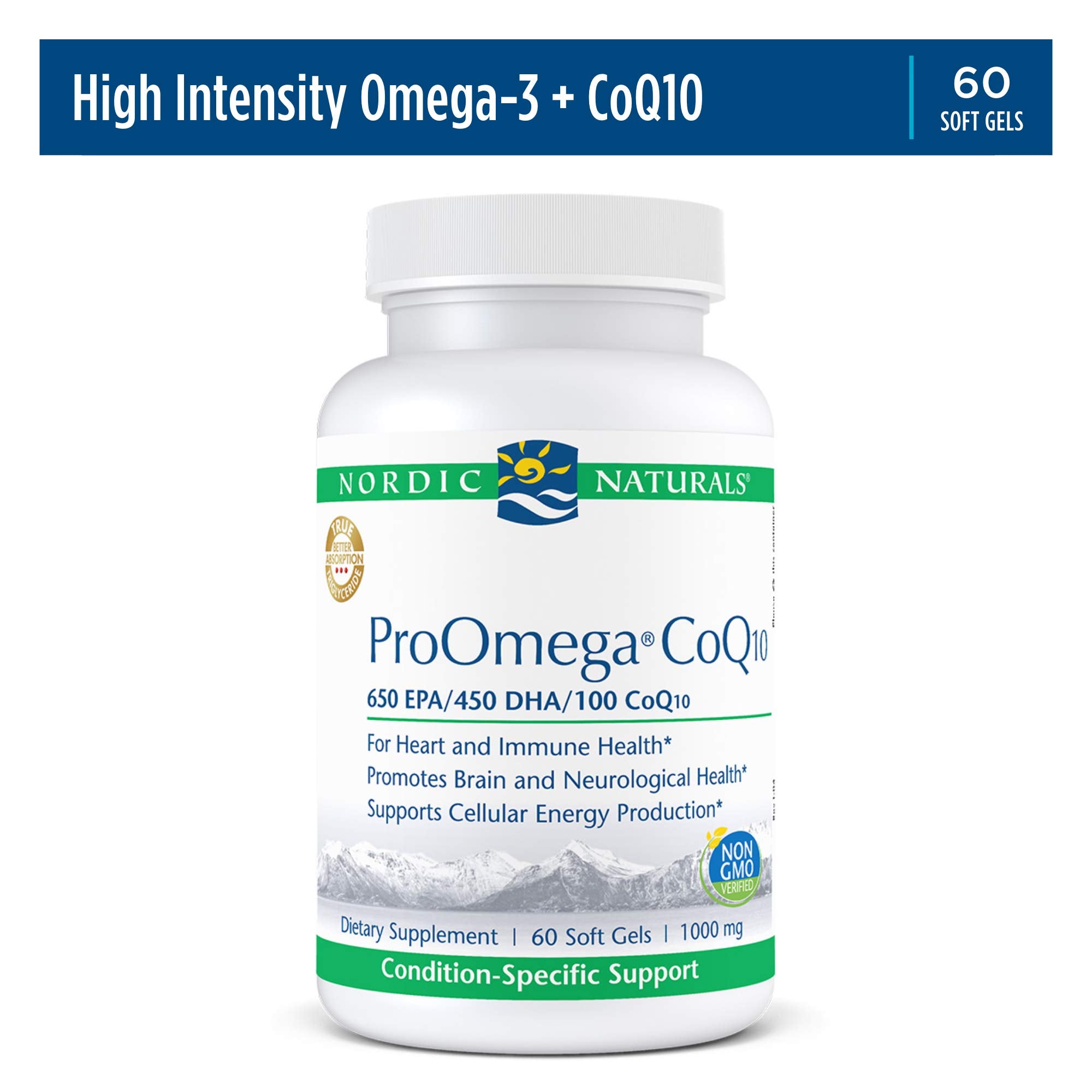 Nordic Naturals frasco abierto con softgels exhibiendo cantidad y presentación