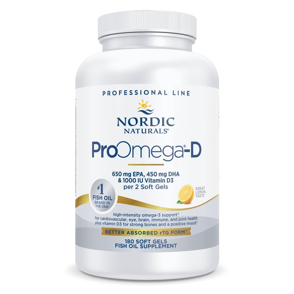 Nordic Naturals proomega-d vista frontal del envase y beneficios visibles