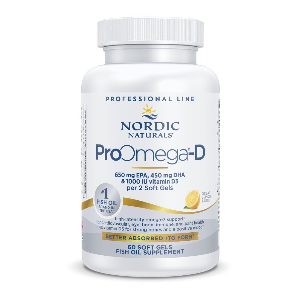 Nordic Naturals botella frontal mostrando 60 cápsulas y beneficios de omega‑3