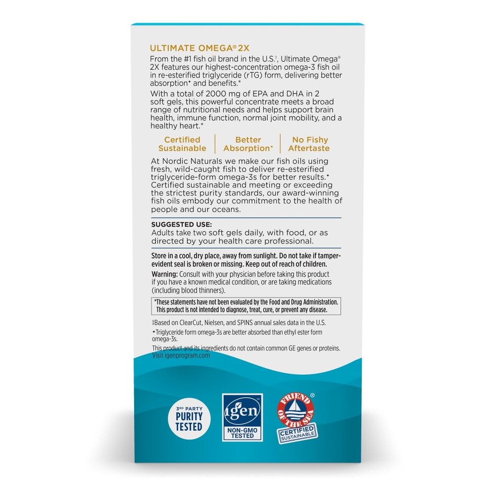 Nordic Naturals varias cápsulas sobre mesa mostrando cantidad del frasco