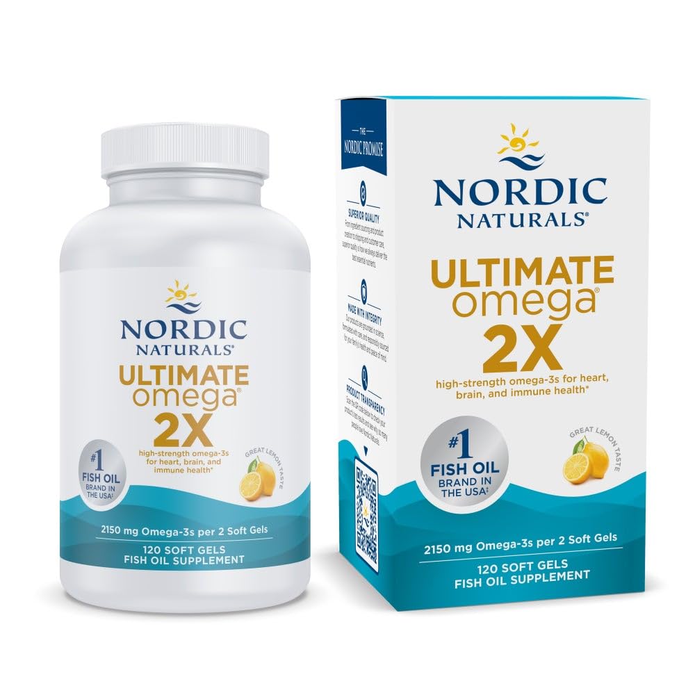 Nordic Naturals envase frontal del Ultimate Omega 2X que muestra el tamaño y sabor limón