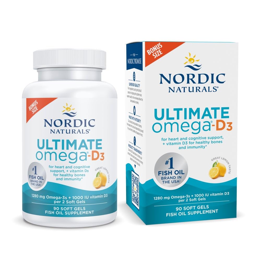 Nordic Naturals frasco frontal mostrando 45 cápsulas y beneficio de omega‑3 concentrado
