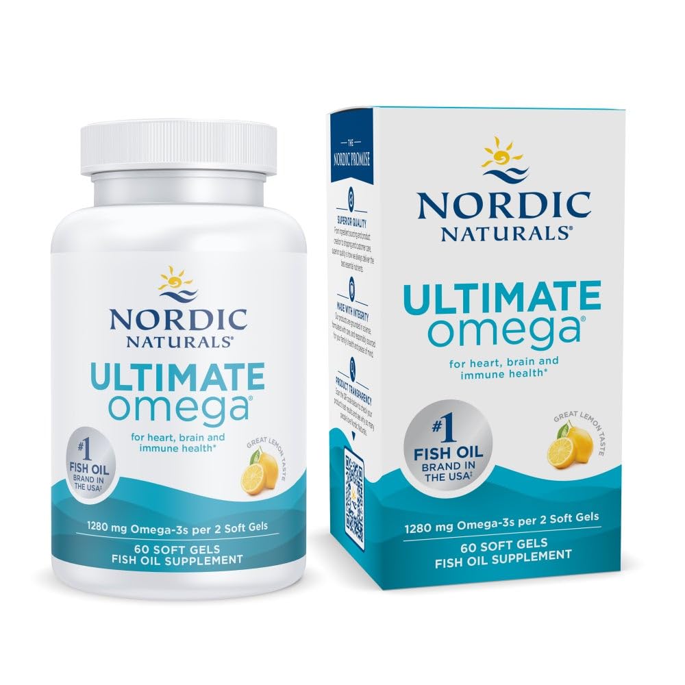 Nordic Naturals frasco frontal mostrando 60 cápsulas y beneficio de pureza
