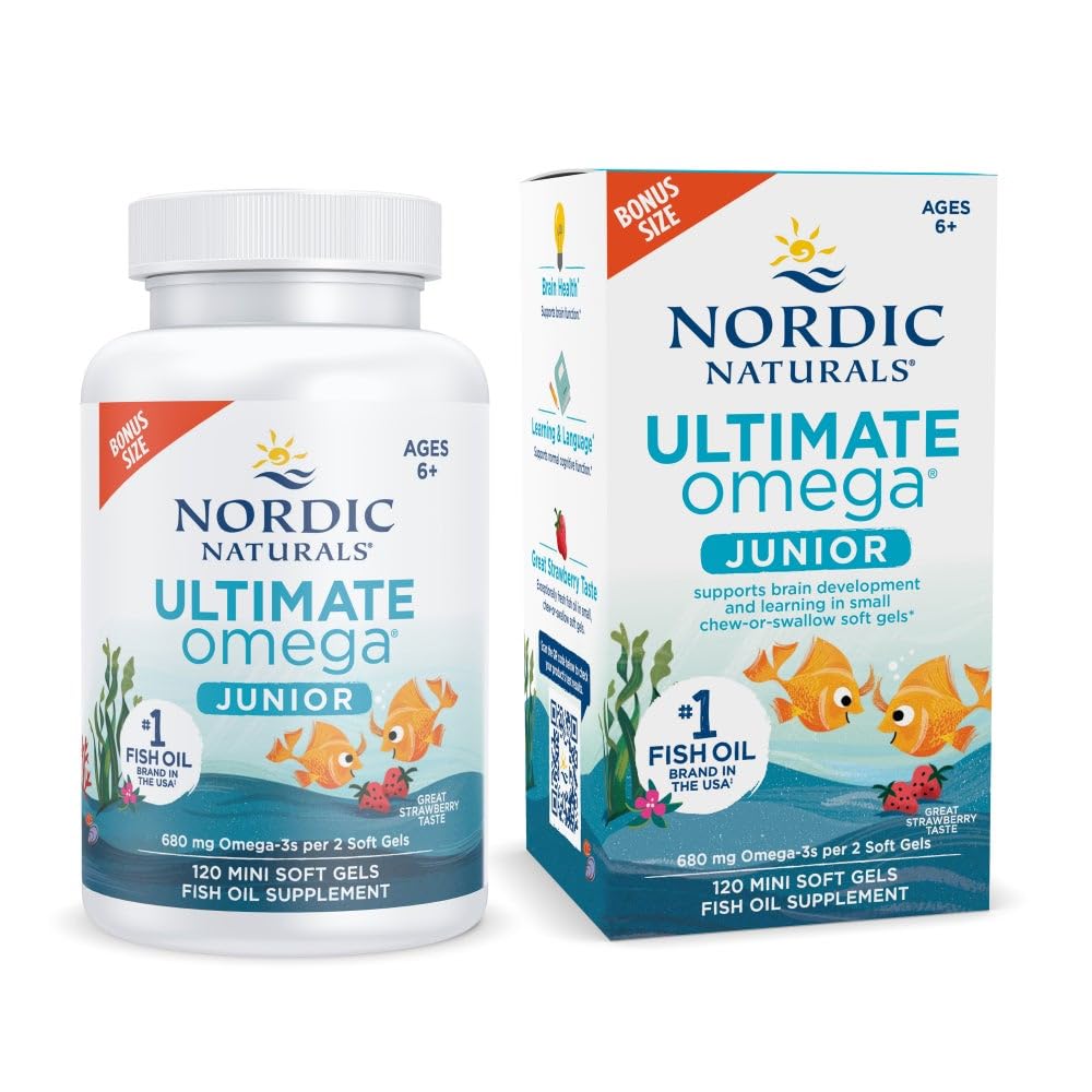 Nordic Naturals envase frontal mostrando mini cápsulas y beneficio aceptación infantil