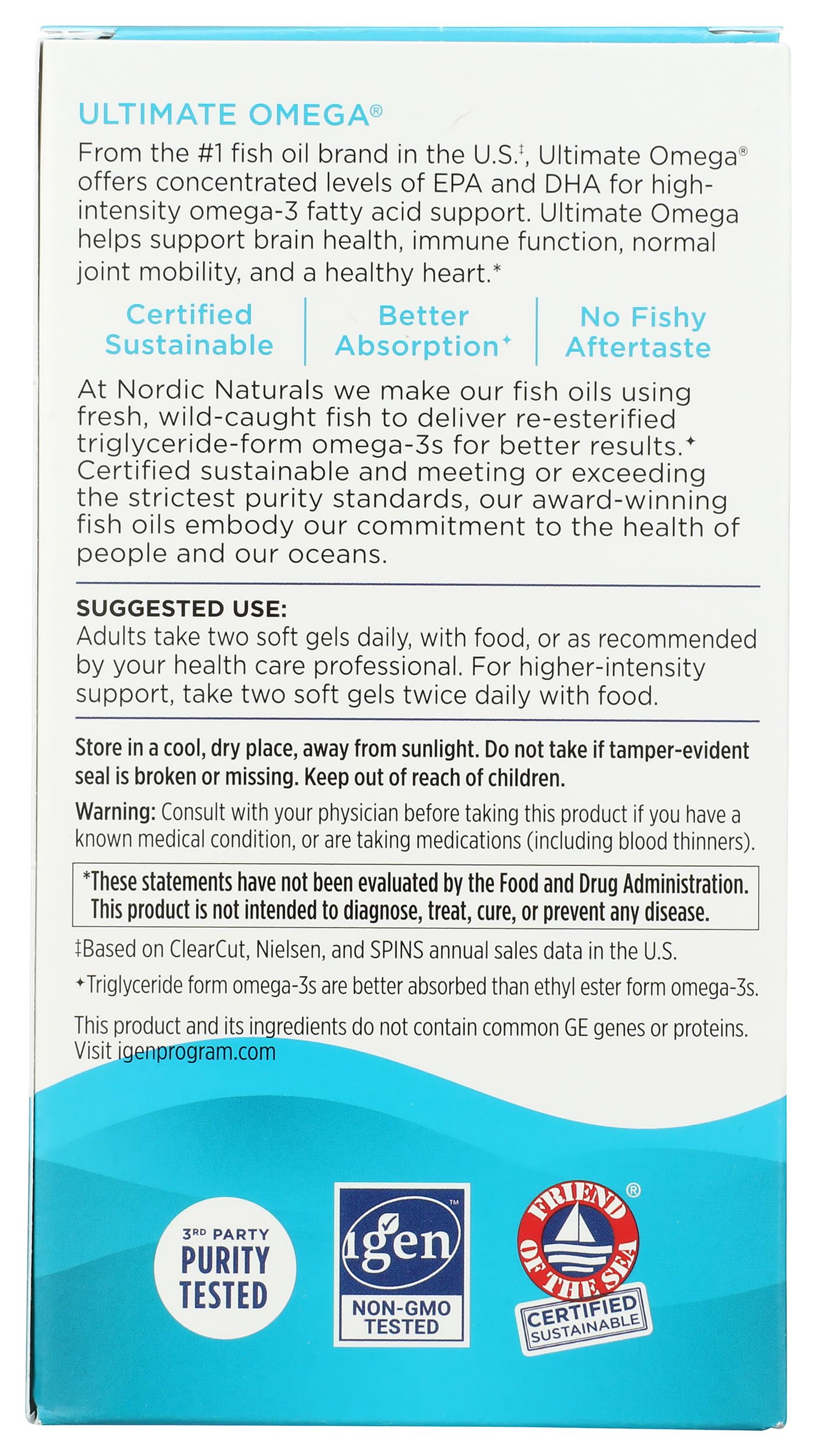 Nordic Naturals etiqueta lateral con información de porción y certificaciones