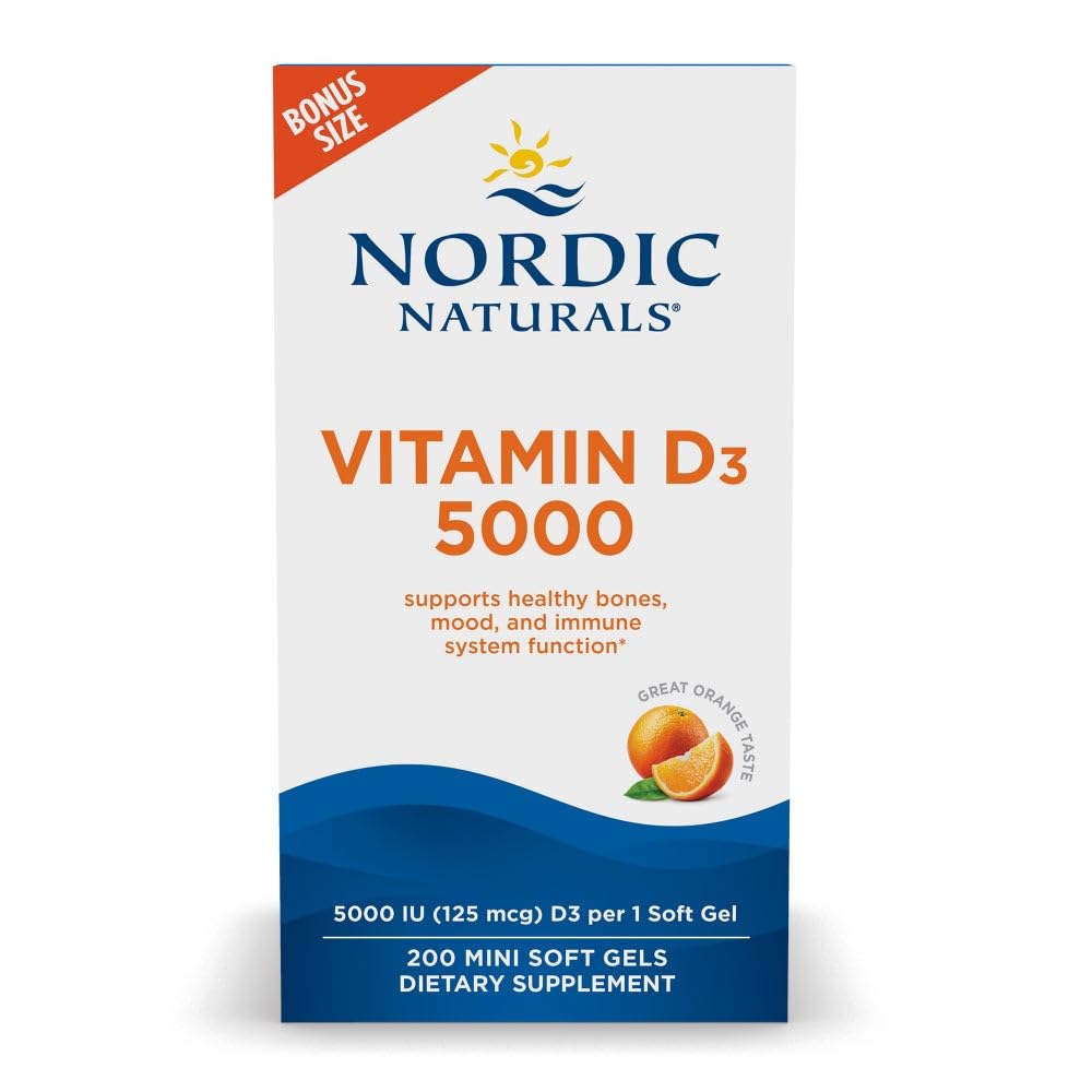 Nordic Naturals envase frontal que muestra vitamina D3 5000 IU y beneficios