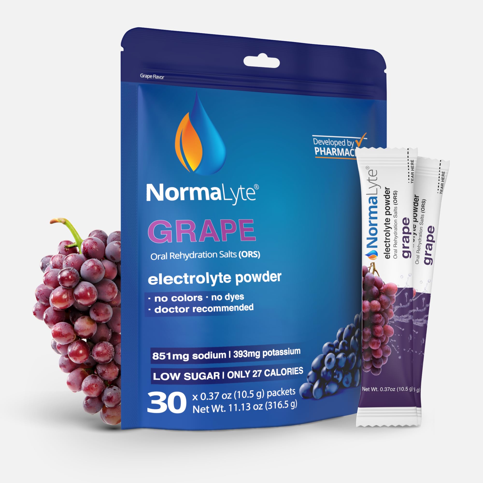 NormaLyte empaque frontal uva, presenta beneficios de hidratación rápida