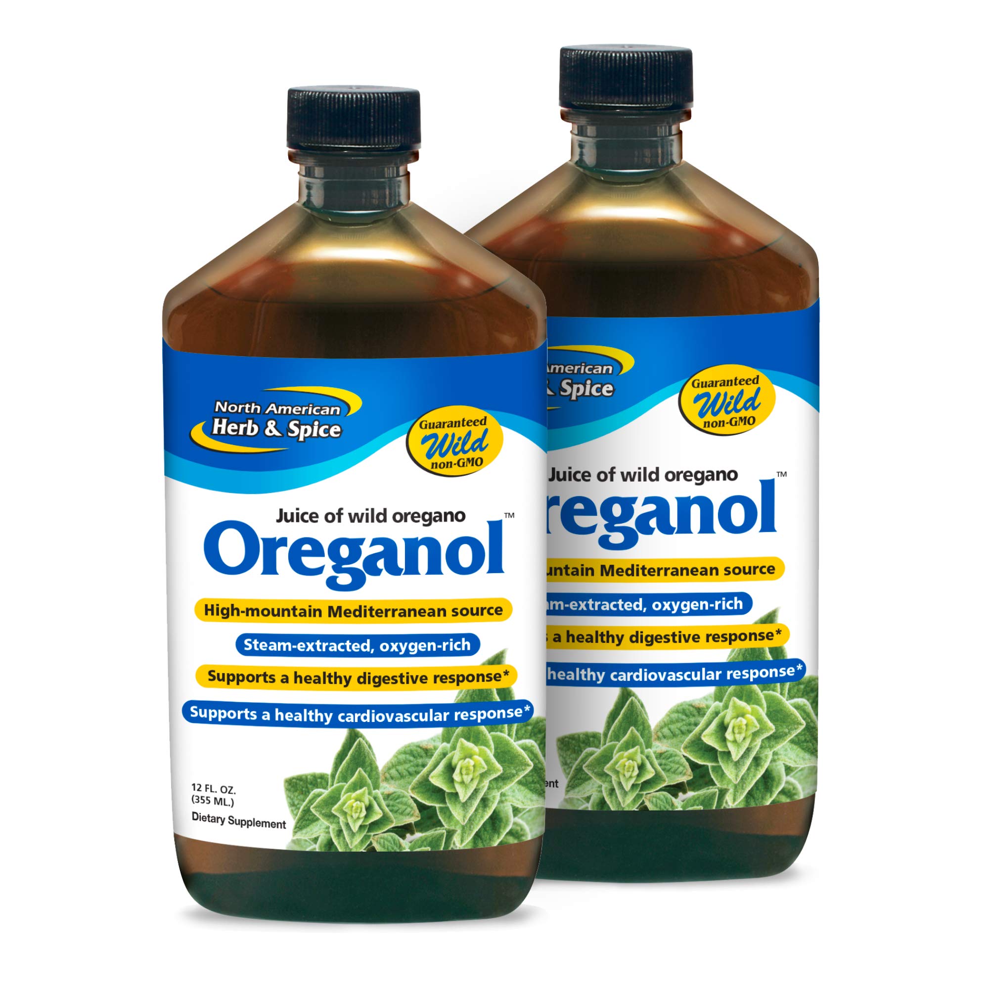 NORTH AMERICAN HERB & SPICE botella frontal de Oreganol P73 Juice mostrando presentación pack y pureza