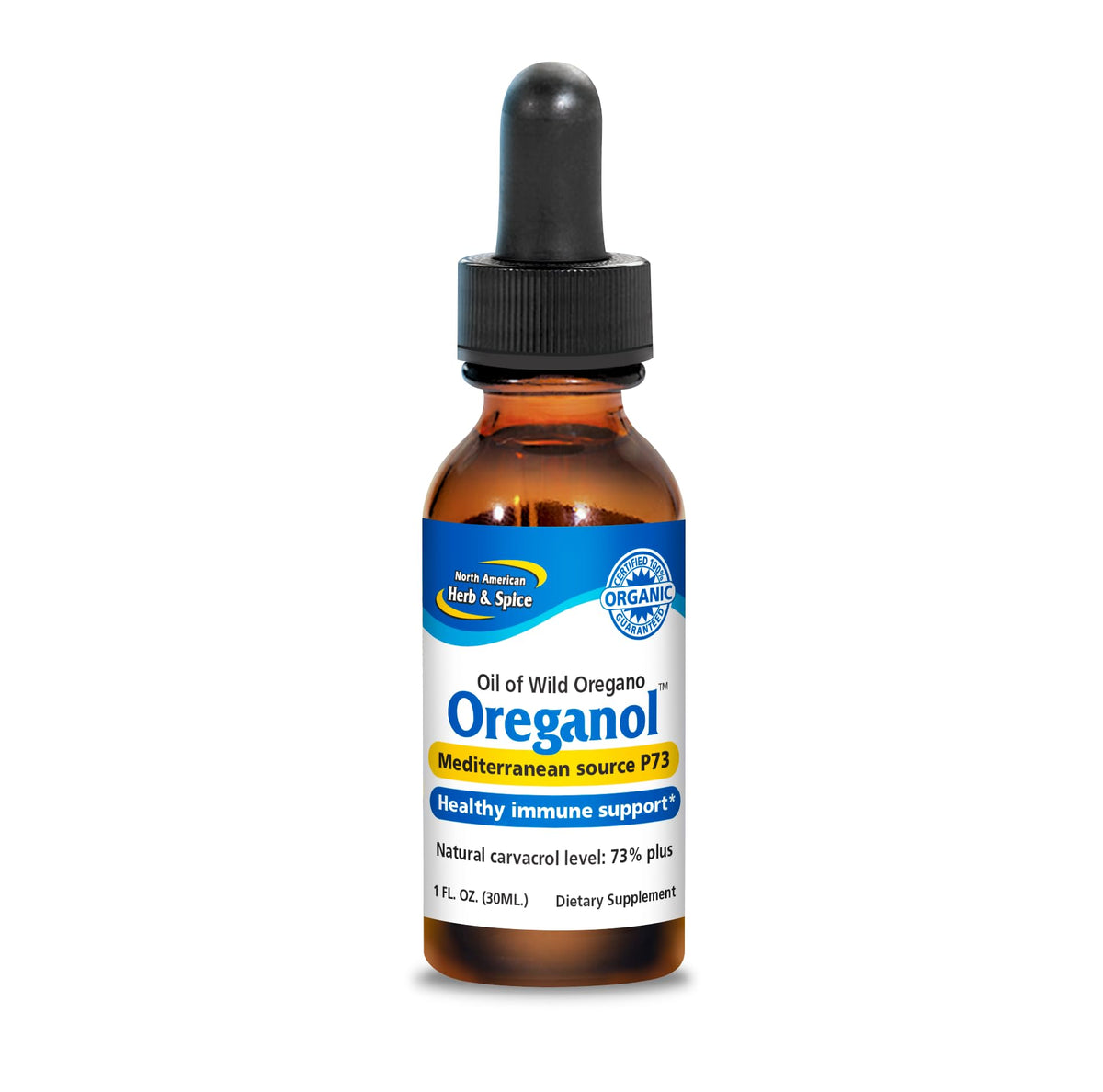 NORTH AMERICAN HERB & SPICE aceite de orégano envase frontal mostrando etiqueta clara y natural