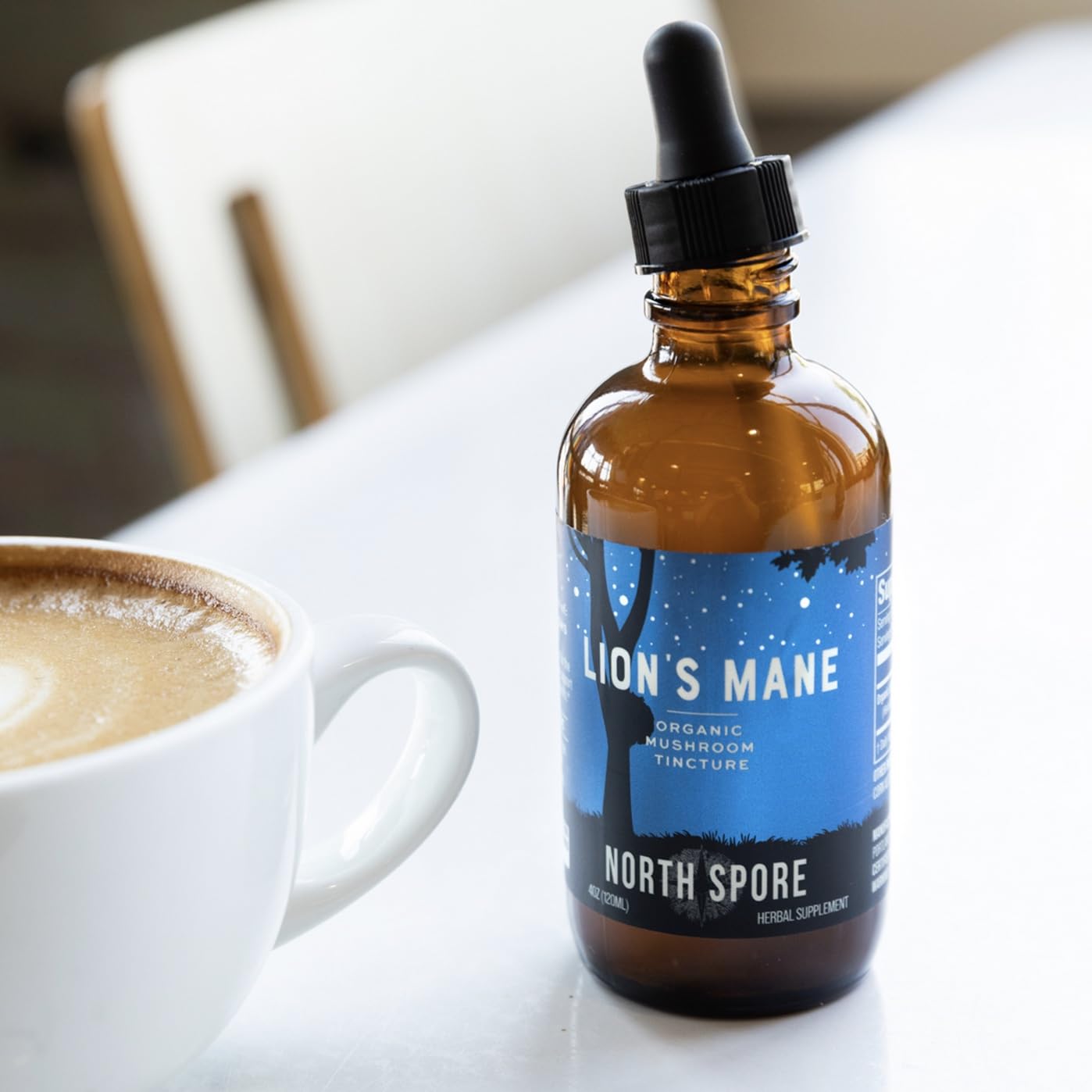 North Spore etiqueta cercana mostrando ingredientes y pureza