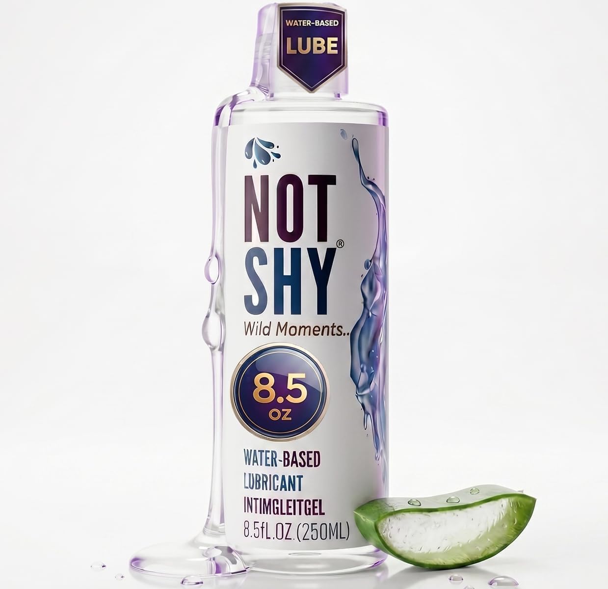 NOTSHY envase frontal mostrando diseño y volumen, beneficios de pureza