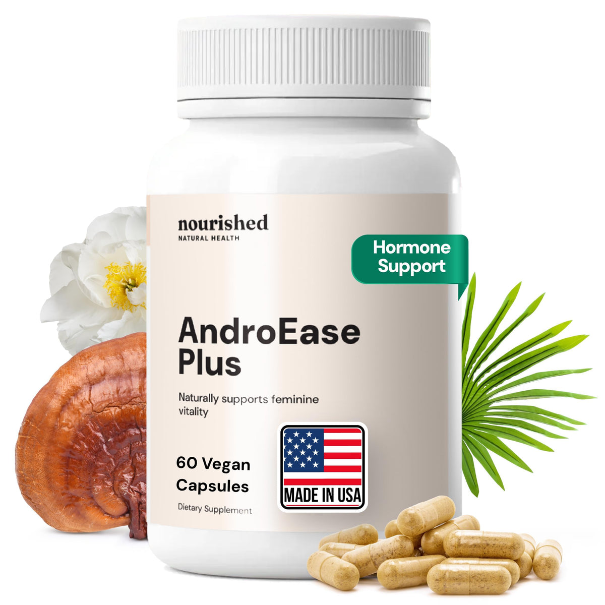 Nourished AndroEase Plus frente del empaque muestra uso vegano y confianza
