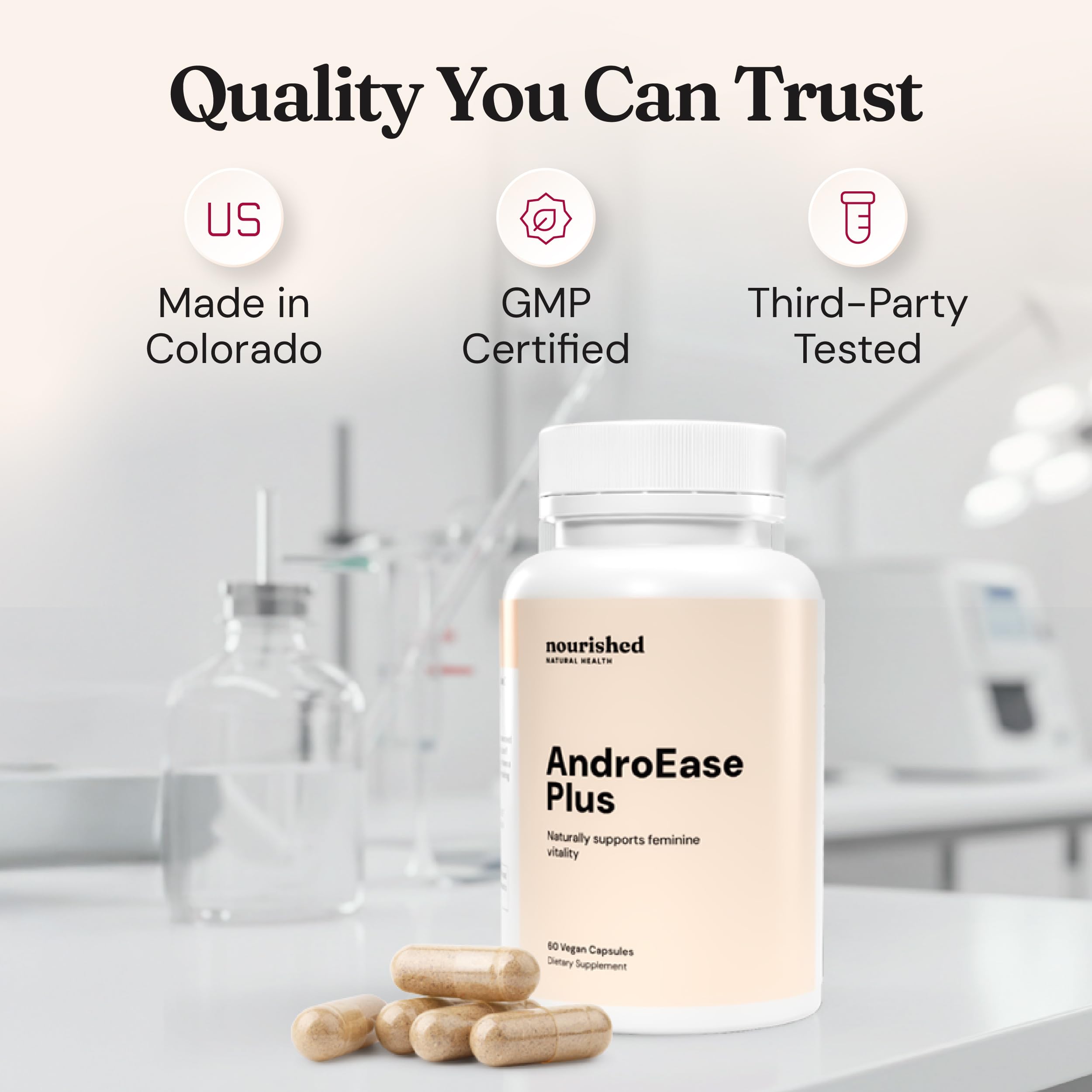 Nourished AndroEase Plus saw palmetto cerca visualizando apoyo a equilibrio hormonal