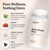 Nourished AndroEase Plus cápsula junto a vaso de agua para uso diario sencillo