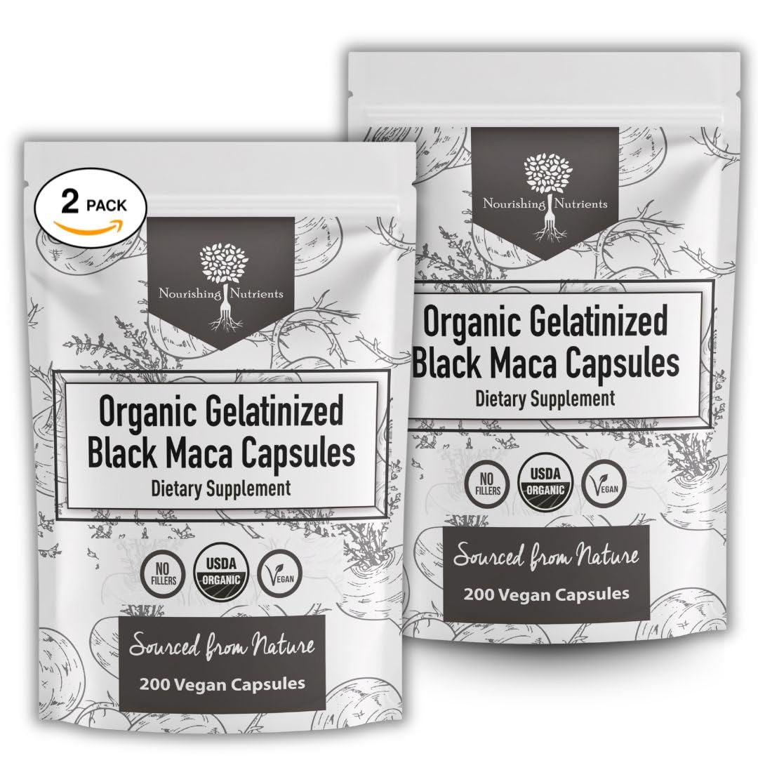 Nourishing Nutrients frasco frontal de maca negra orgánica mostrando pureza