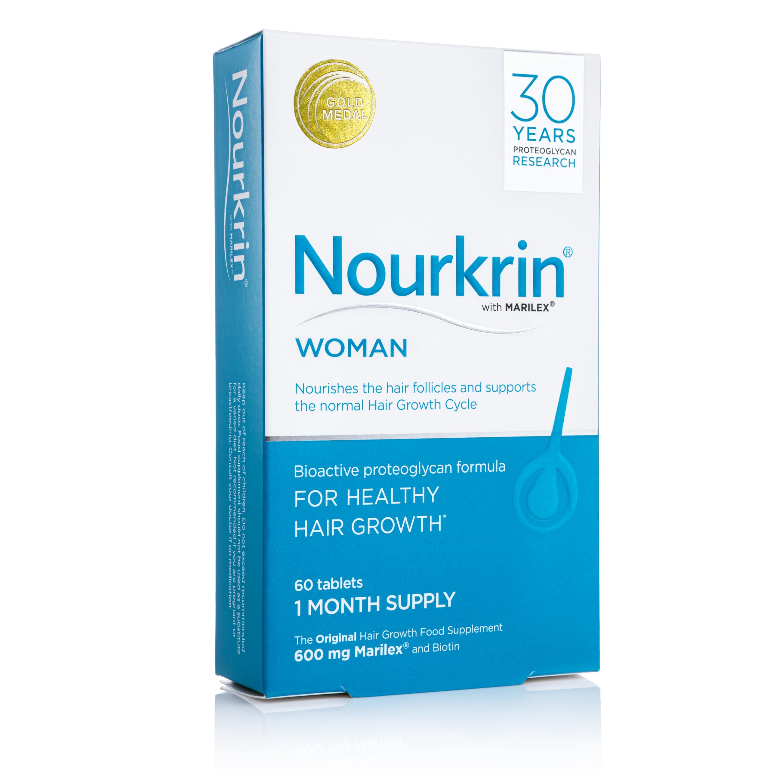 Nourkrin comprimidos en primer plano que muestran tamaño fácil de tragar y calidad