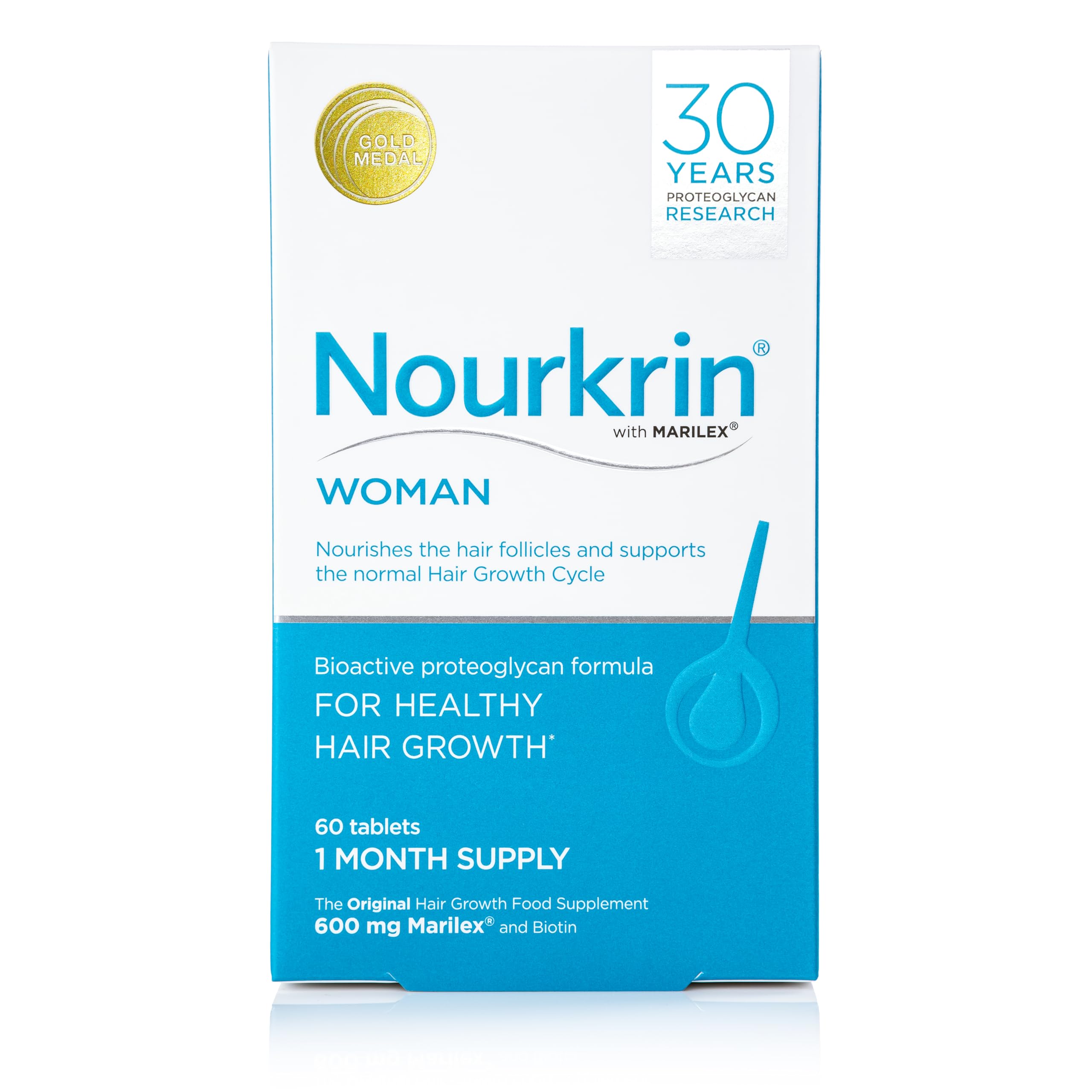 Nourkrin envase frontal mostrando la marca y beneficio de soporte capilar