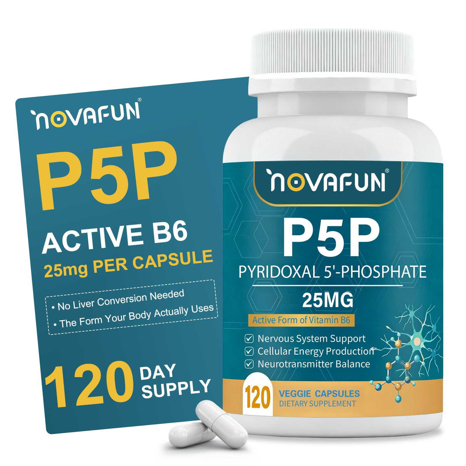 Novafun frasco frontal P5P mostrando etiqueta clara y dosificación