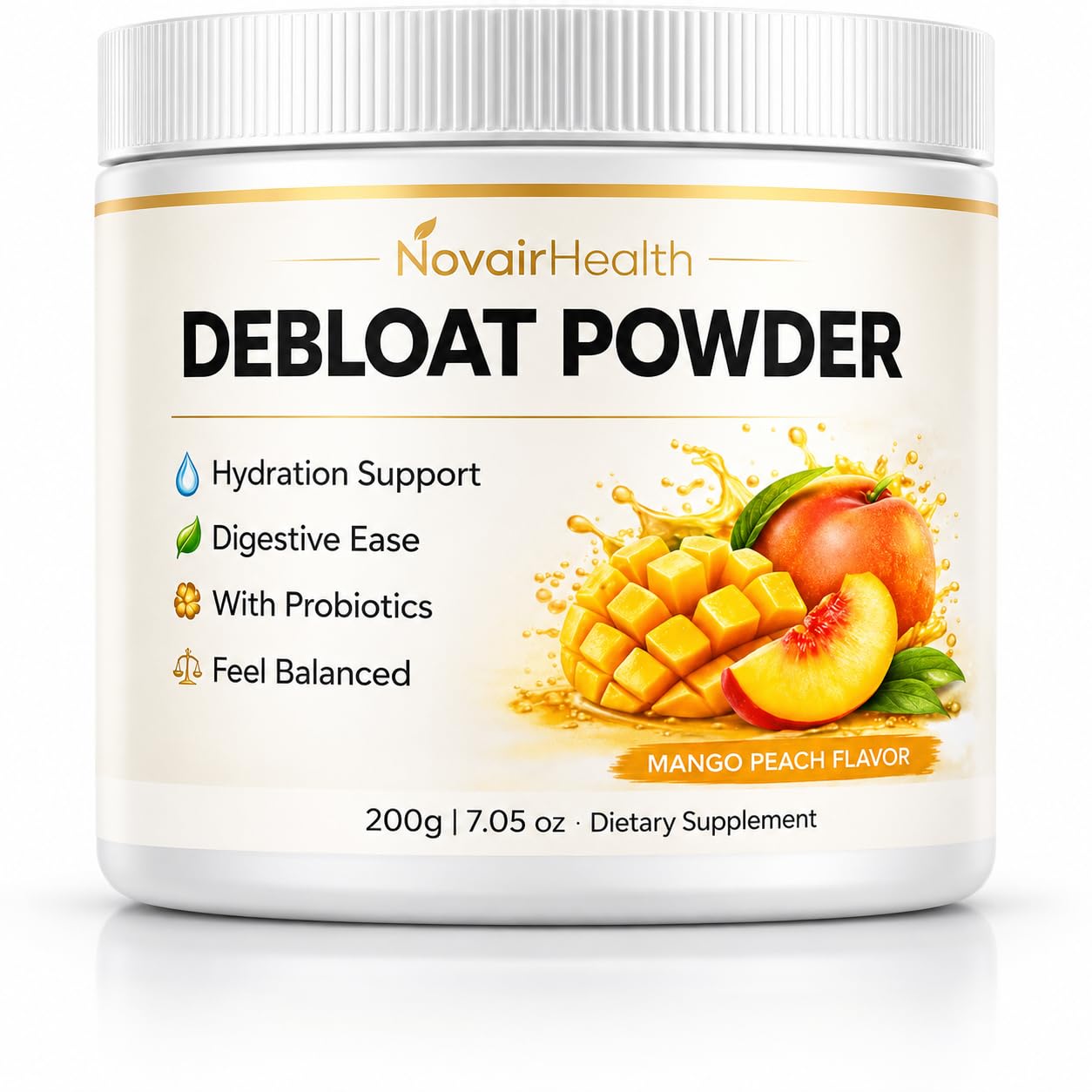 NovairHealth envase frontal mostrando etiqueta y sabor durazno-mango para identificación rápida