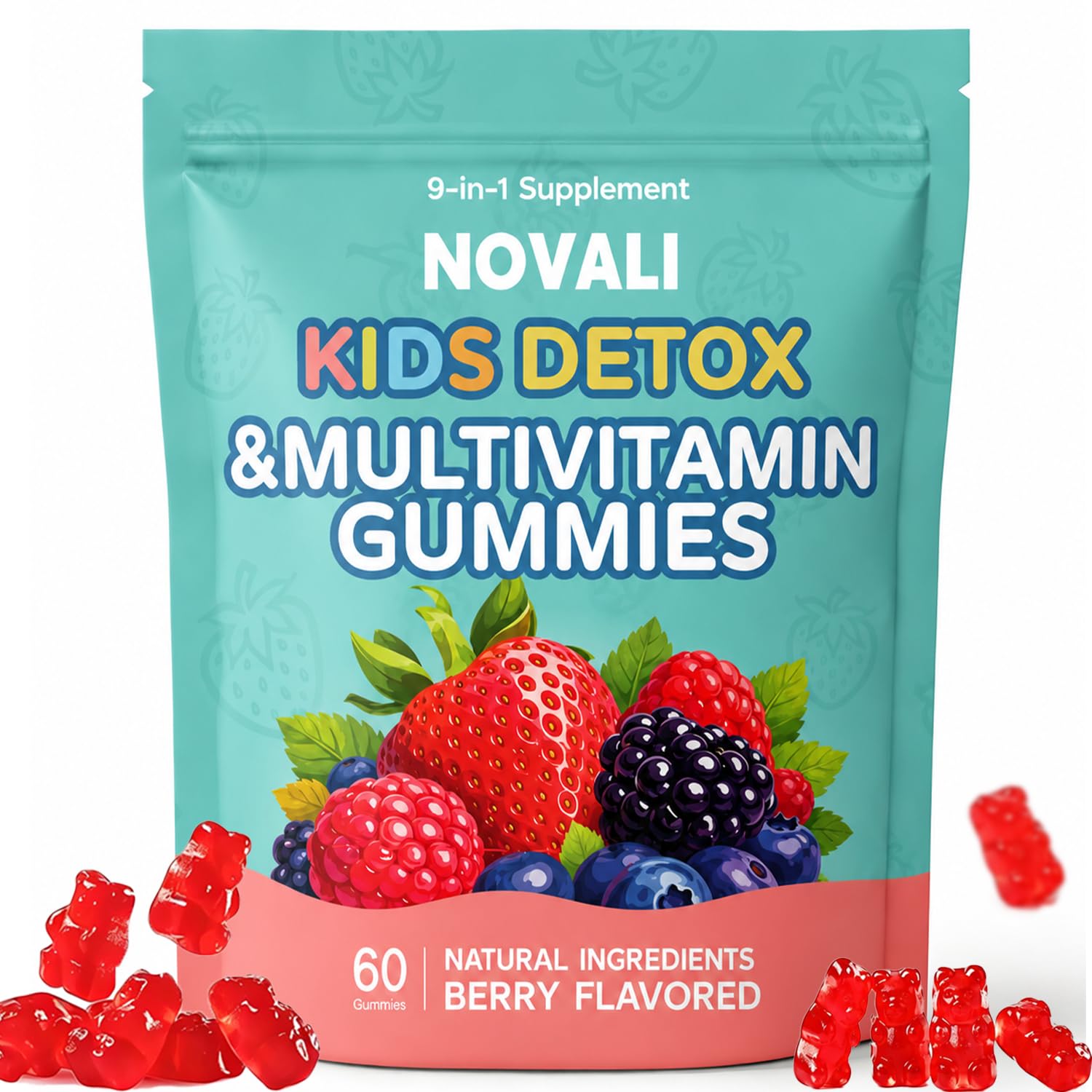 Novali Health envase frontal de gomitas berry muestra dosis conveniente
