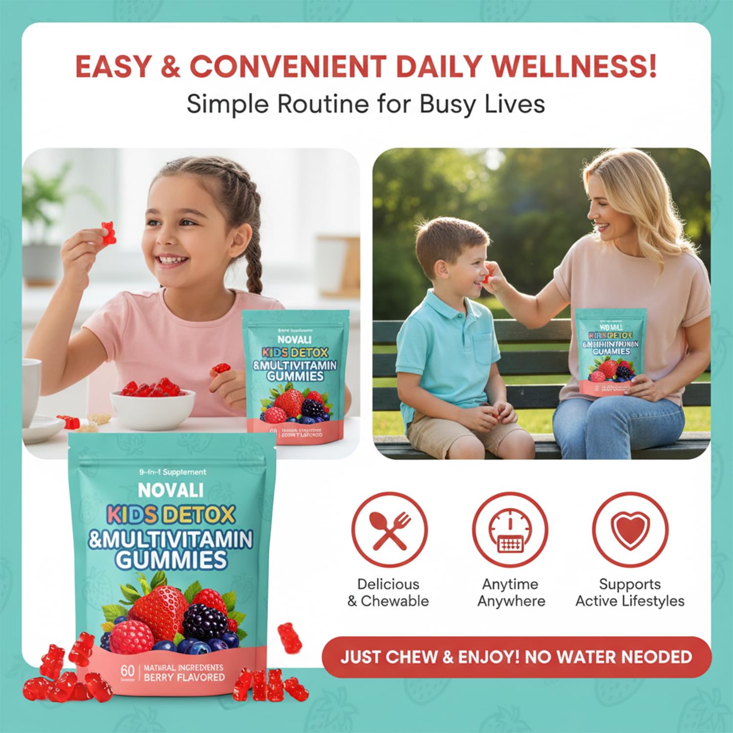 Novali Health niño tomando gomita muestra aceptación y comodidad
