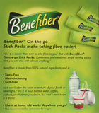 NOVARTIS Benefiber sobre abierto disolviéndose en vaso, mezcla clara sin sabor