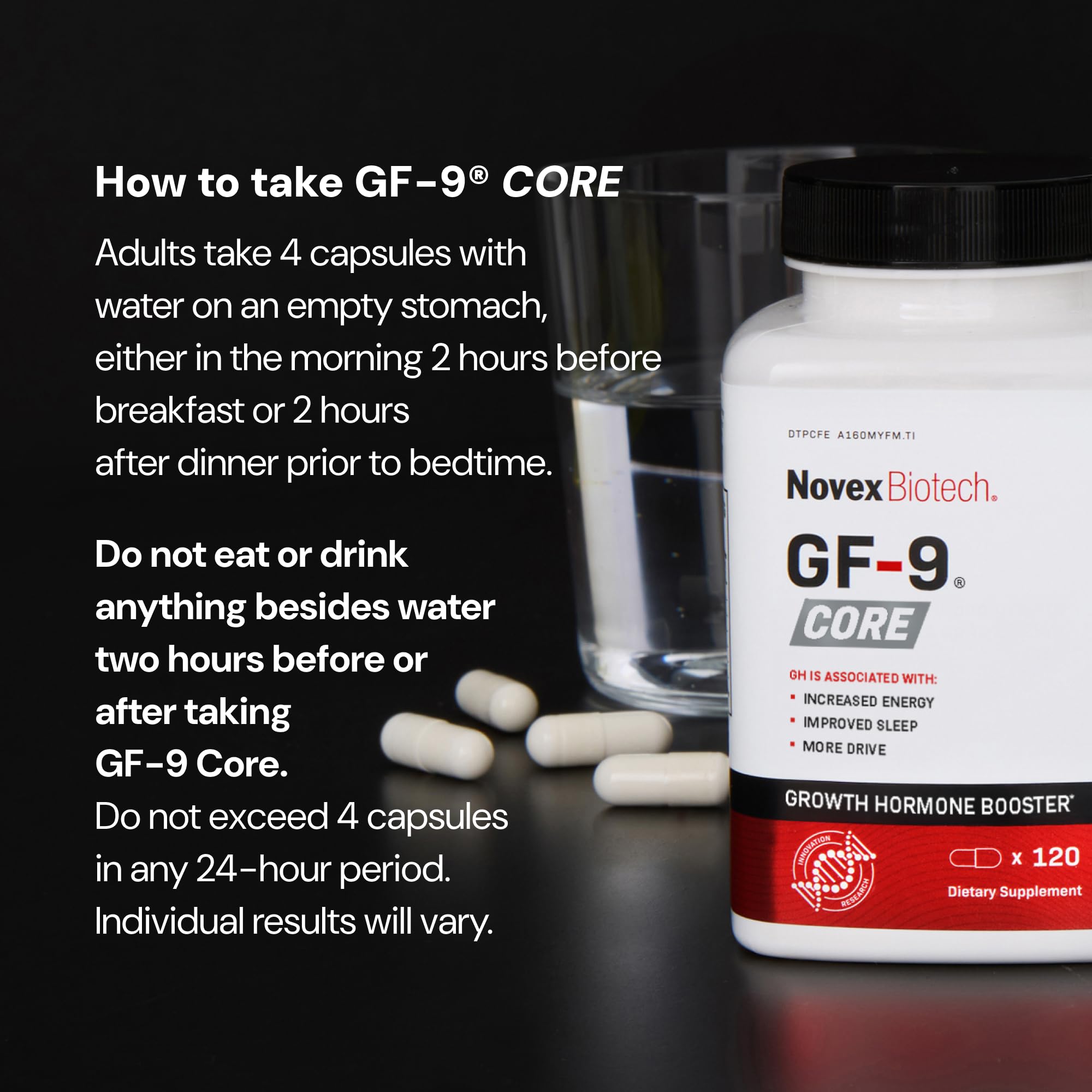 Novex Biotech GF-9 Core cápsulas al lado de una regla para referencia de tamaño