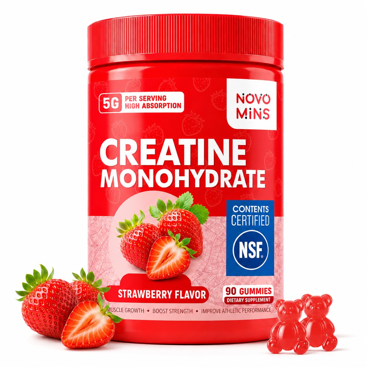Novomins envase frontal mostrando gominolas veganas y beneficio de dosis fácil