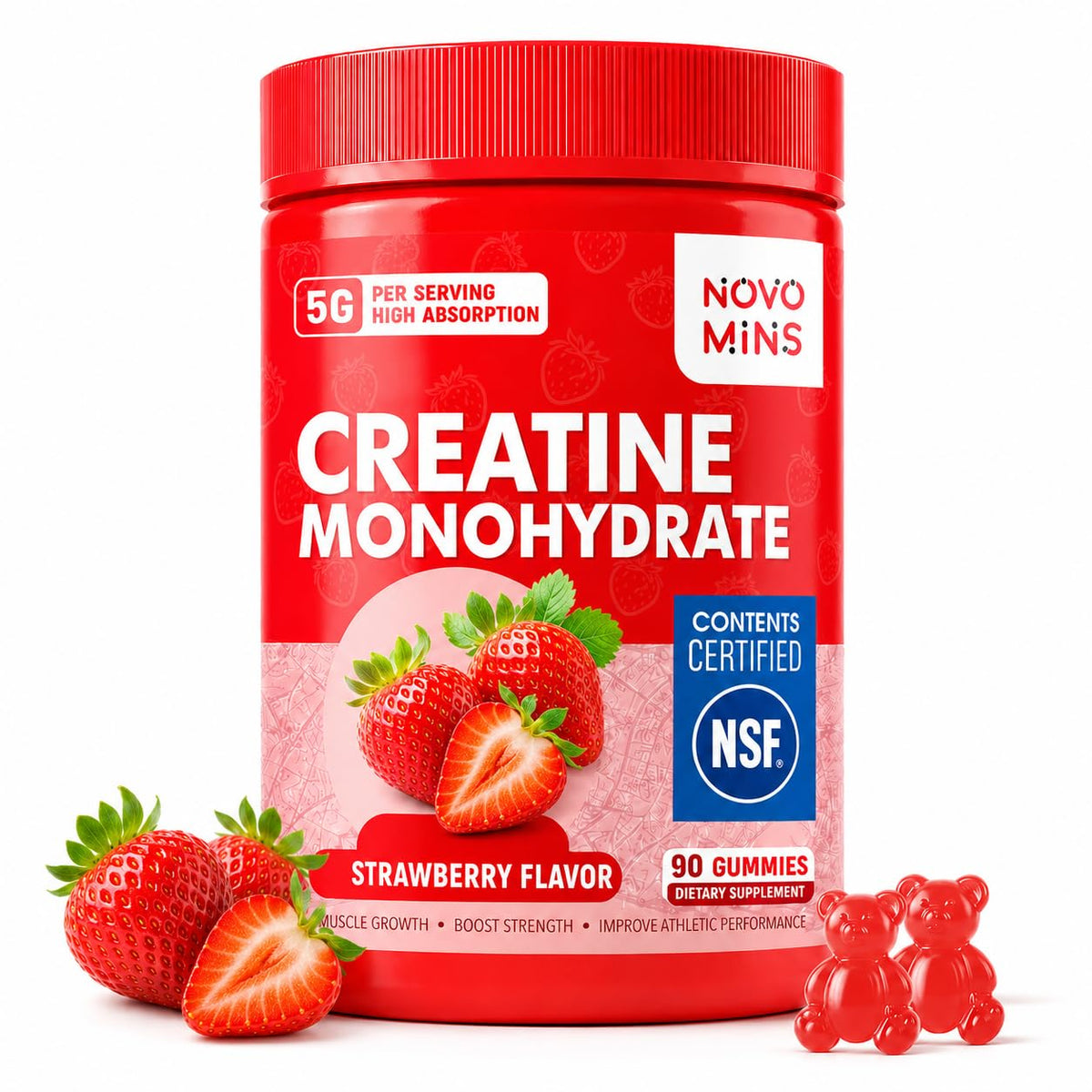 Novomins envase frontal mostrando gominolas veganas y beneficio de dosis fácil