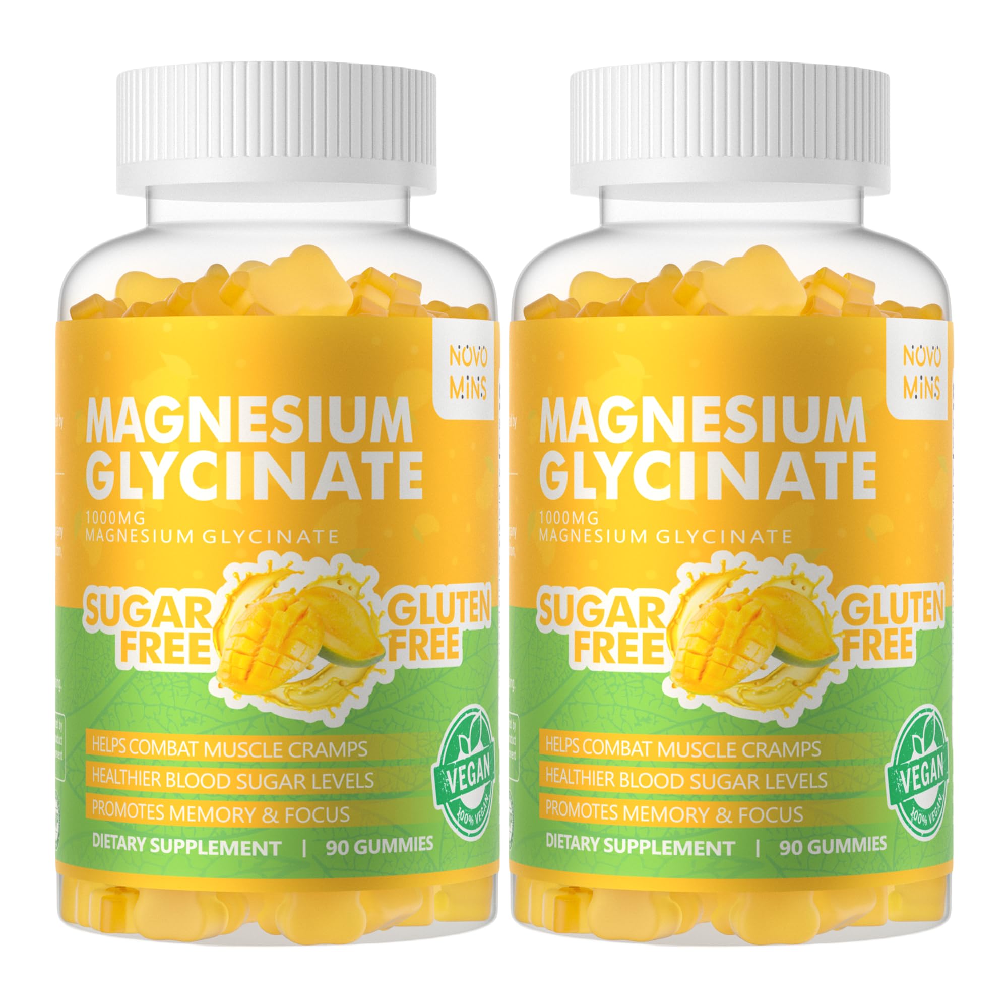 Novomins Nutrition envase frontal mango-piña mostrando 180 gominolas y beneficios