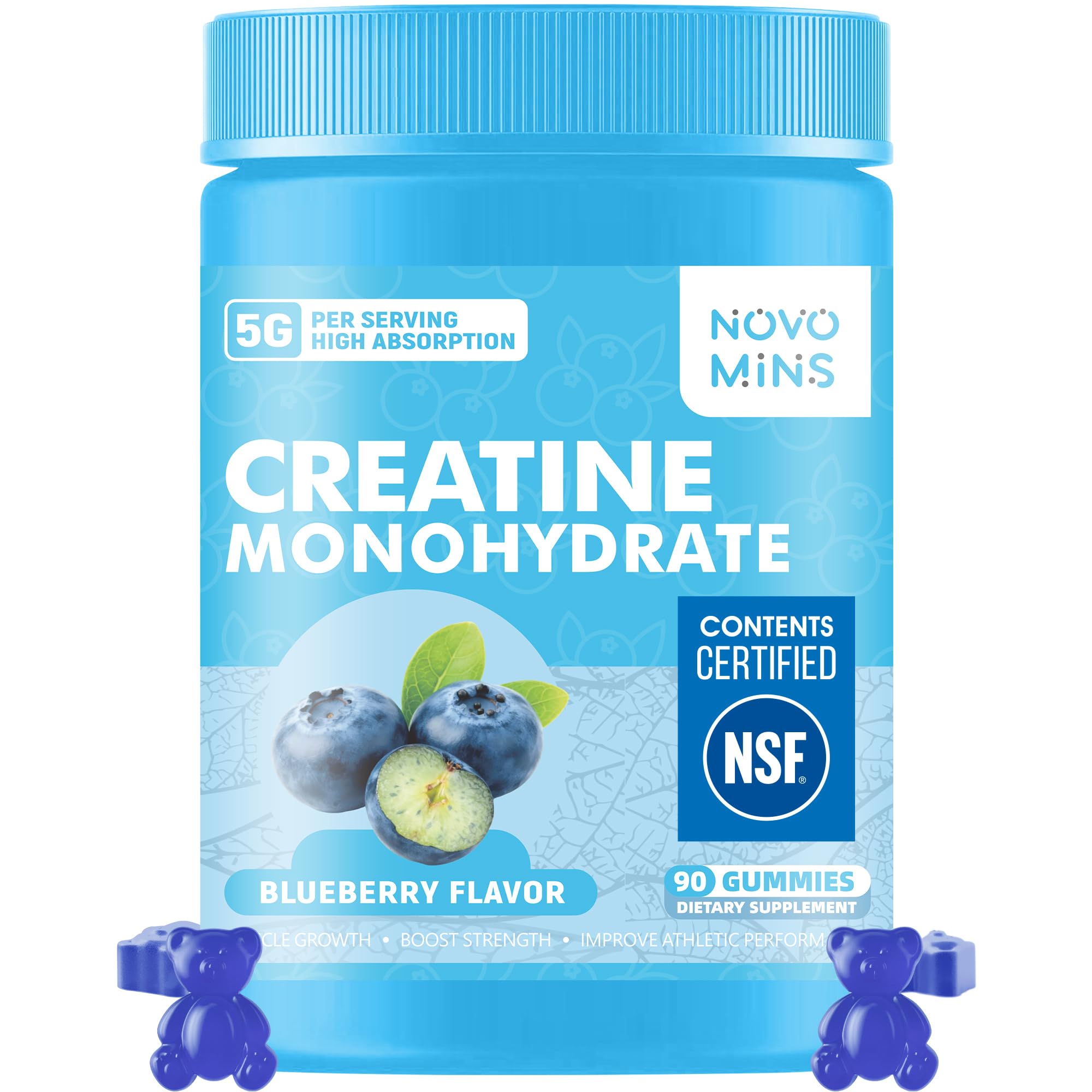 Novomins gominolas creatina frente mostrando envase y beneficios prácticos