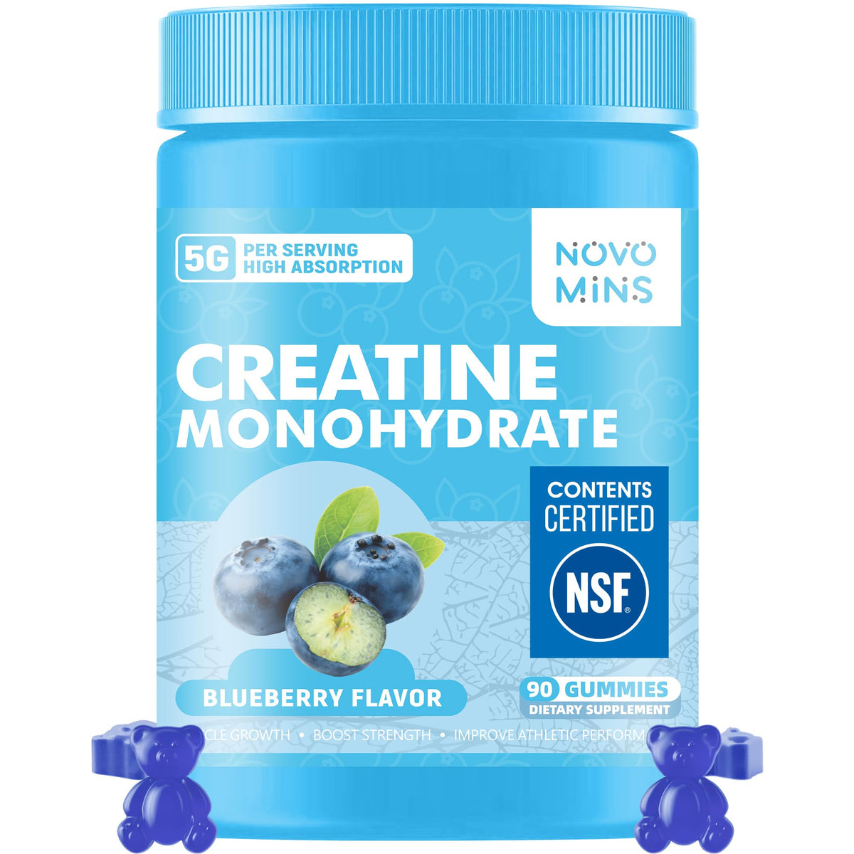 Novomins gominolas creatina frente mostrando envase y beneficios prácticos