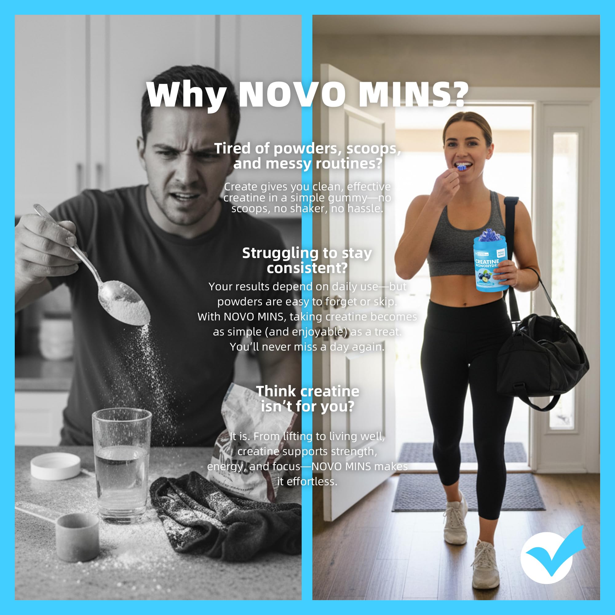 Novomins gominolas junto a pesas en gimnasio para apoyo al entrenamiento