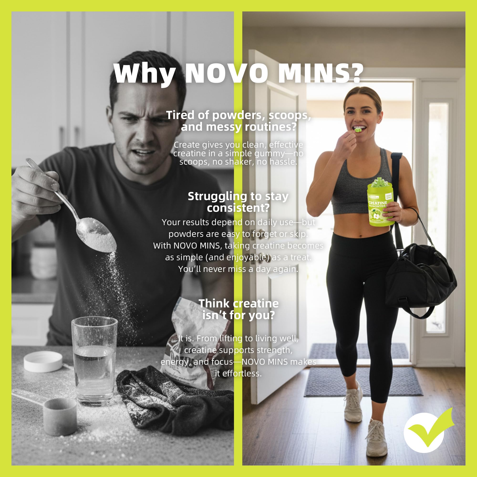 Novomins envase abierto con gominolas visibles, práctico y portátil