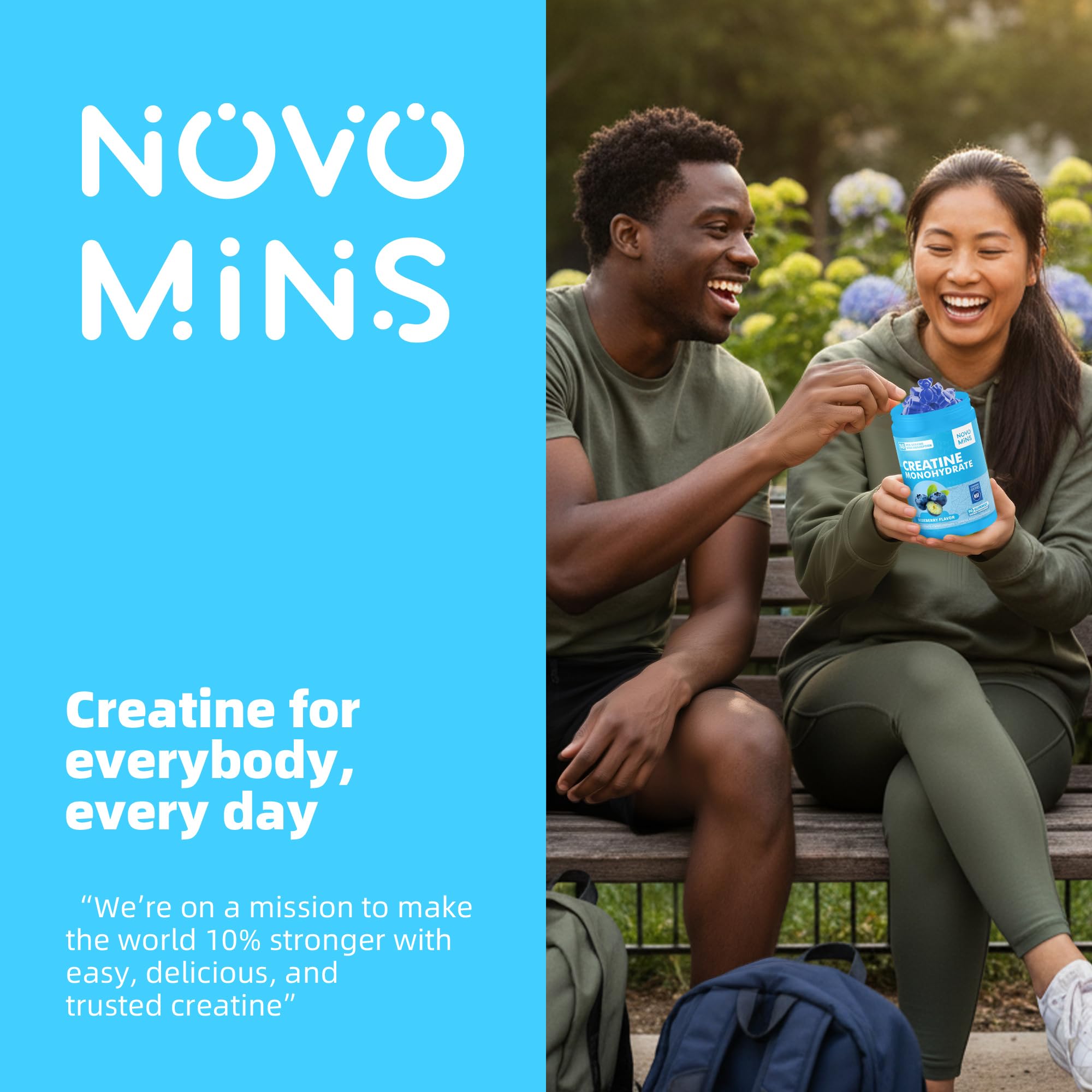 Novomins gominolas en mesa con frutas, representando estilo de vida activo