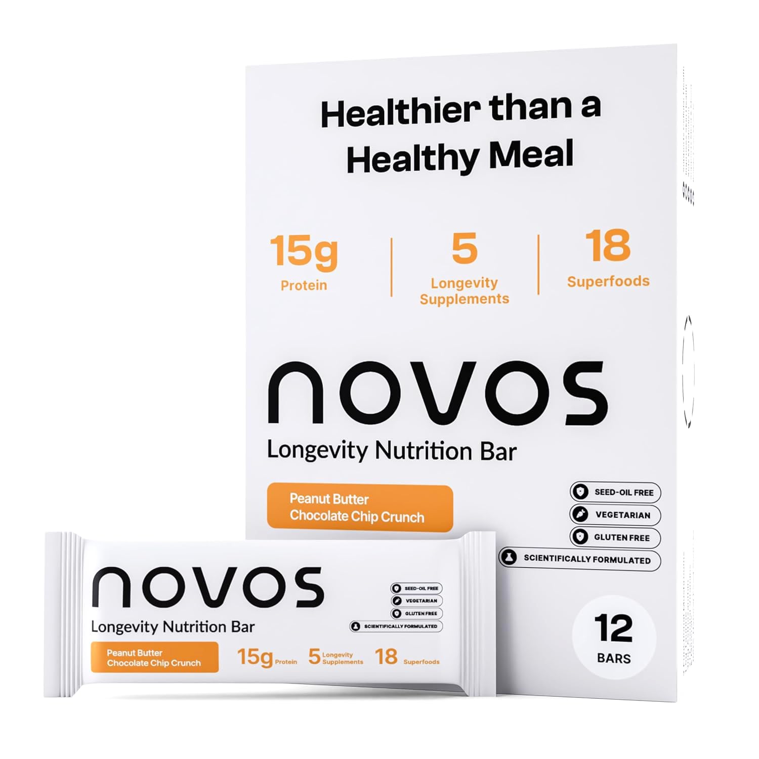Novos paquete frontal mostrando 12 barras, práctico y nutritivo